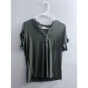 Perception Concept Olive Green Lace Up V Neck Tab Sleeve Casual Top‎